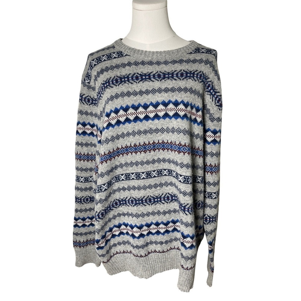 Retro Fair Isle Nordic Knit Sweater Gray Blue Wool Blend Urban‎ Pipeline XXL